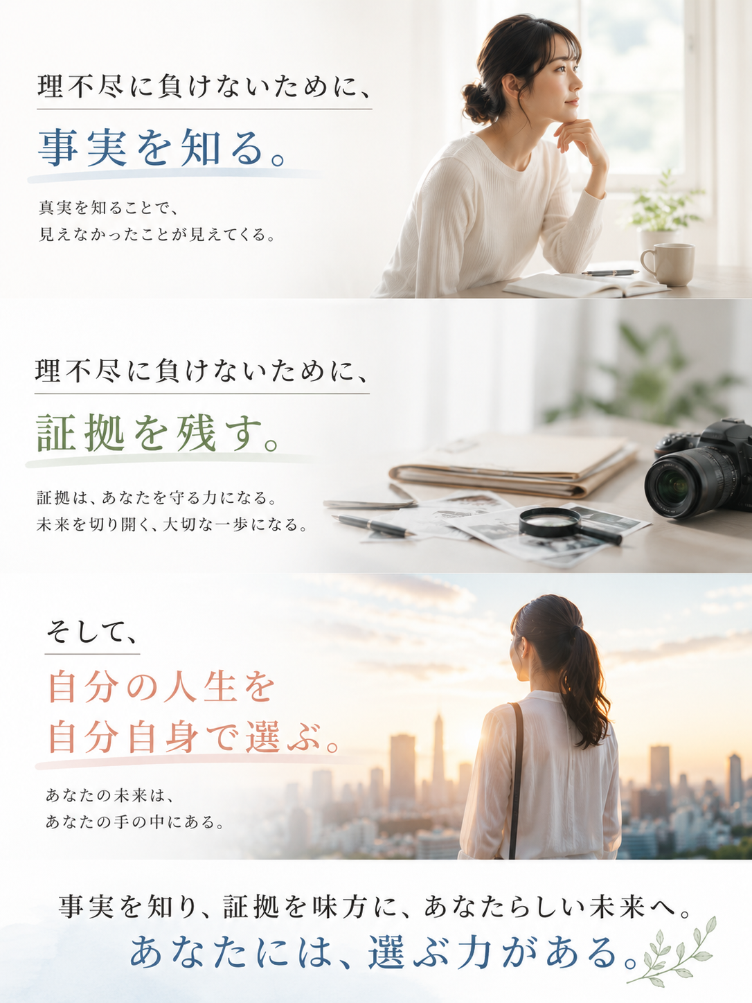 理不尽に負けないために、事実を知る。 理不尽に負けないために、証拠を残す。 そして、自分の人生を自分自身で選ぶ。