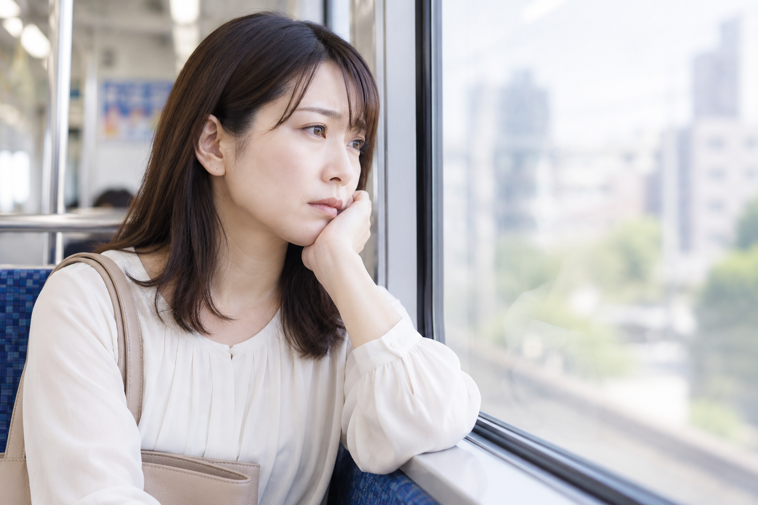 電車の中で悩む女性